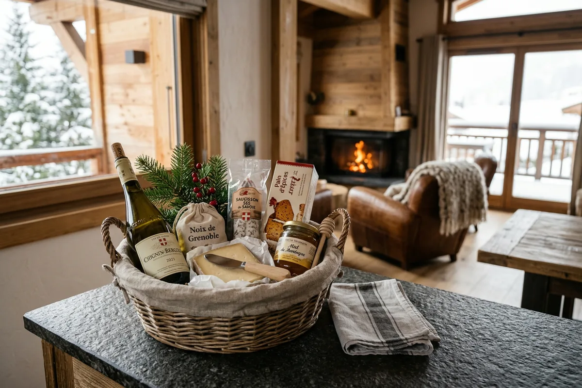 Panier d'accueil préparé avec soin par notre conciergerie à Val-d'Isère pour les voyageurs.